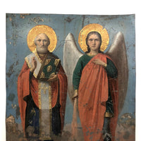 Wonderful Antique Russian Icon Painting on Tin, Saint Nicholas and Saint Michael