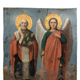 Wonderful Antique Russian Icon Painting on Tin, Saint Nicholas and Saint Michael