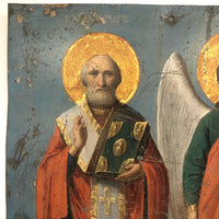 Wonderful Antique Russian Icon Painting on Tin, Saint Nicholas and Saint Michael