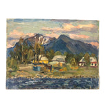 Chaloi Leonty Small Oil on Cardboard of Houses Between Mountains and Sea