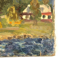 Chaloi Leonty Small Oil on Cardboard of Houses Between Mountains and Sea
