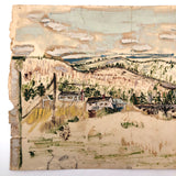 Mixed Media Painting on Paper of Cozy Houses in Hilly Landscape