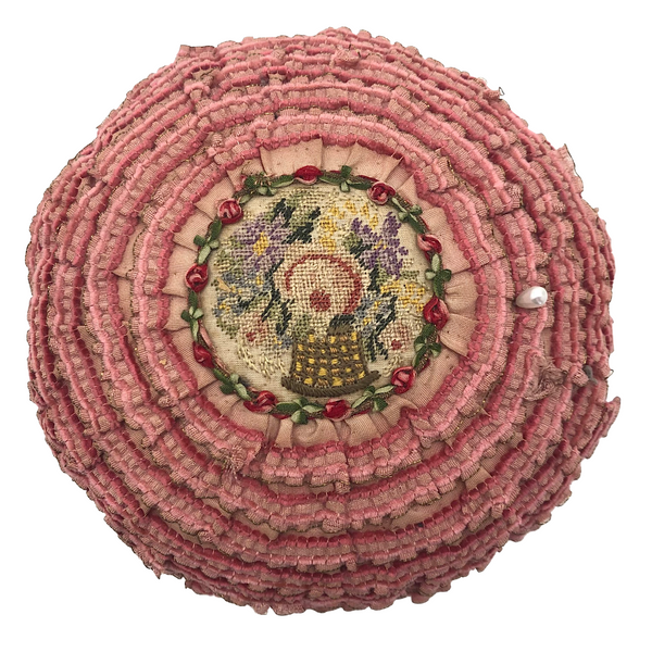 Amazing Large Pink Ruffled Petit Point Pin Cushion