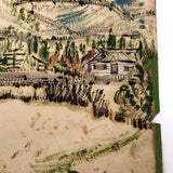 Mixed Media Painting on Paper of Cozy Houses in Hilly Landscape