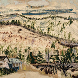 Mixed Media Painting on Paper of Cozy Houses in Hilly Landscape