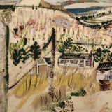 Mixed Media Painting on Paper of Cozy Houses in Hilly Landscape