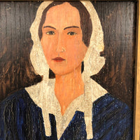 SOLD Woman in Blue Old Folk Art Painting on Wood Panel