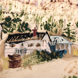 Mixed Media Painting on Paper of Cozy Houses in Hilly Landscape
