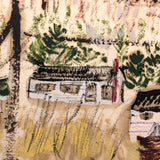 Mixed Media Painting on Paper of Cozy Houses in Hilly Landscape