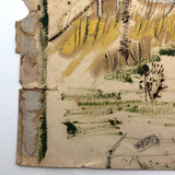 Mixed Media Painting on Paper of Cozy Houses in Hilly Landscape