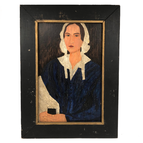 SOLD Woman in Blue Old Folk Art Painting on Wood Panel