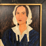 SOLD Woman in Blue Old Folk Art Painting on Wood Panel