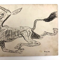 Charging Donkey, Early 20th Century Hand-drawn Pen and Ink Postcard