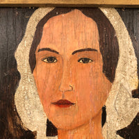 SOLD Woman in Blue Old Folk Art Painting on Wood Panel