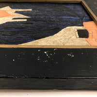 SOLD Woman in Blue Old Folk Art Painting on Wood Panel