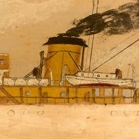 Old Oil on Cardboard Painting of Single Funnel Steam Ship