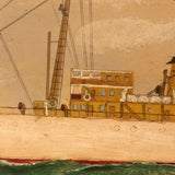 Old Oil on Cardboard Painting of Single Funnel Steam Ship