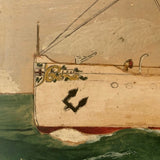 Old Oil on Cardboard Painting of Single Funnel Steam Ship