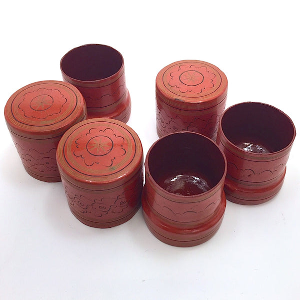 Set of three Cinnabar Burmese Lacquer Betel Boxes