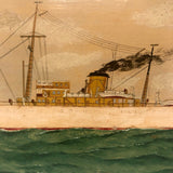 Old Oil on Cardboard Painting of Single Funnel Steam Ship