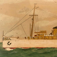 Old Oil on Cardboard Painting of Single Funnel Steam Ship
