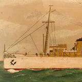 Old Oil on Cardboard Painting of Single Funnel Steam Ship
