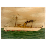 Old Oil on Cardboard Painting of Single Funnel Steam Ship