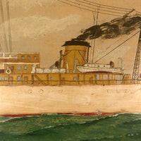 Old Oil on Cardboard Painting of Single Funnel Steam Ship