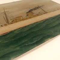 Old Oil on Cardboard Painting of Single Funnel Steam Ship