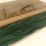 Old Oil on Cardboard Painting of Single Funnel Steam Ship
