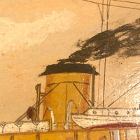 Old Oil on Cardboard Painting of Single Funnel Steam Ship