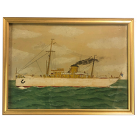 Old Oil on Cardboard Painting of Single Funnel Steam Ship
