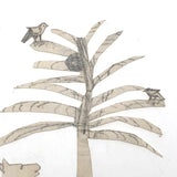 Charming Antique Cutout Pencil Drawing of Dog and Birds in Tree