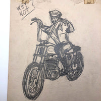 Why Not? Vintage Man on Motorcycle Graphite Drawing on Board