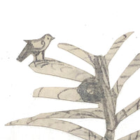Charming Antique Cutout Pencil Drawing of Dog and Birds in Tree