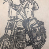 Why Not? Vintage Man on Motorcycle Graphite Drawing on Board