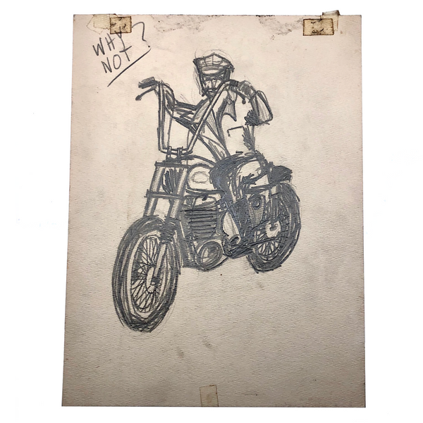 Why Not? Vintage Man on Motorcycle Graphite Drawing on Board