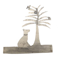 Charming Antique Cutout Pencil Drawing of Dog and Birds in Tree