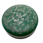 Green and Silver Round Lidded Burmese Lacquer Box with Incised Flowers and Vines