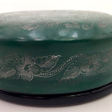 Green and Silver Round Lidded Burmese Lacquer Box with Incised Flowers and Vines
