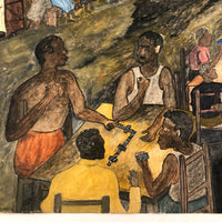 1960 Caribbean Watercolor Scene with Cards and Dominoes, Signed