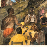 1960 Caribbean Watercolor Scene with Cards and Dominoes, Signed