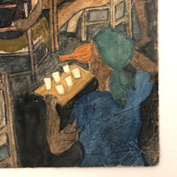1960 Caribbean Watercolor Scene with Cards and Dominoes, Signed