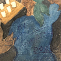 1960 Caribbean Watercolor Scene with Cards and Dominoes, Signed