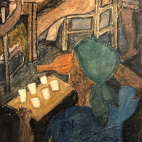 1960 Caribbean Watercolor Scene with Cards and Dominoes, Signed
