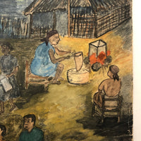 1960 Caribbean Watercolor Scene with Cards and Dominoes, Signed