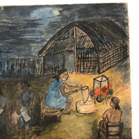 1960 Caribbean Watercolor Scene with Cards and Dominoes, Signed