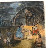 1960 Caribbean Watercolor Scene with Cards and Dominoes, Signed