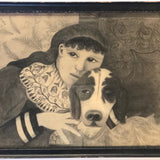 Fantastic Late 19th Century Large Charcoal Drawing of Girl and Dog
