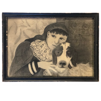 Fantastic Late 19th Century Large Charcoal Drawing of Girl and Dog